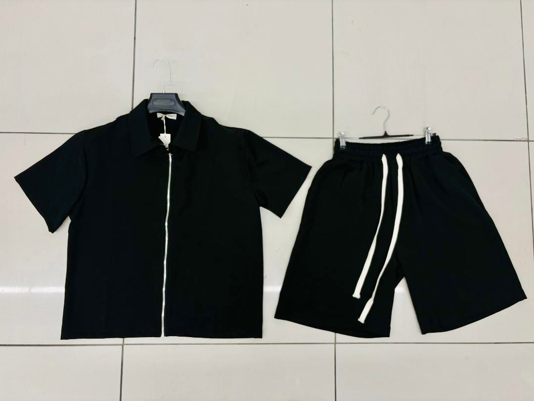 Completo nero camicia con zip e shorts con coulisse 2769