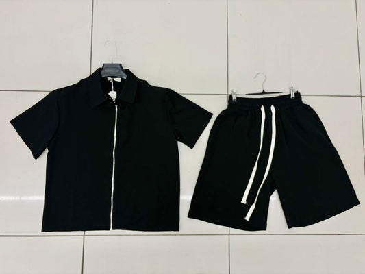 Completo nero camicia con zip e shorts con coulisse 2769