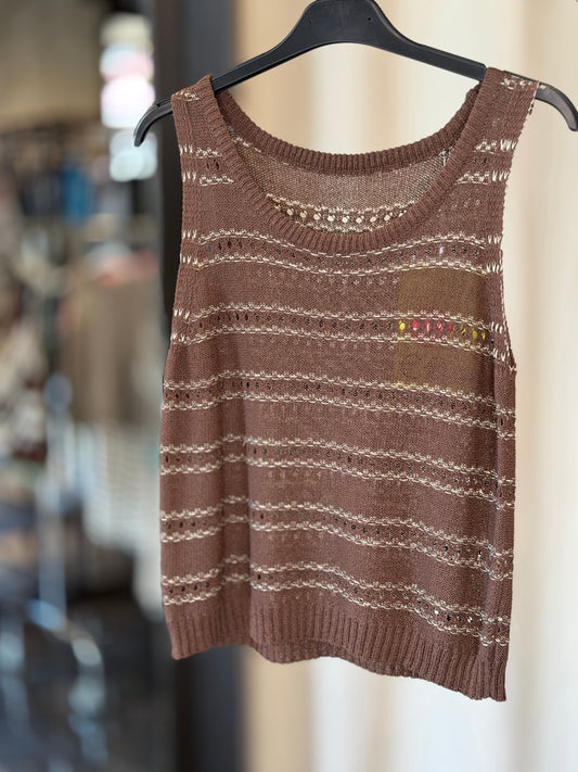Top in maglia traforato marrone e oro in taglia unica 2851A
