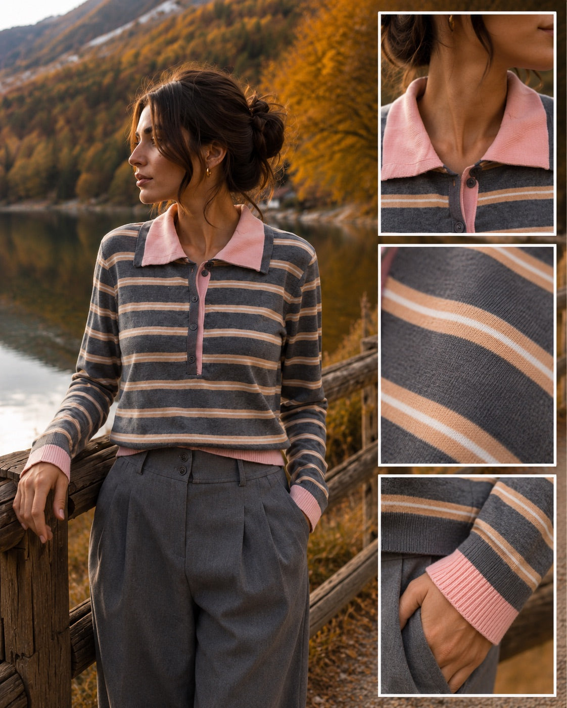 Maglioncino polo grigio a righe beige