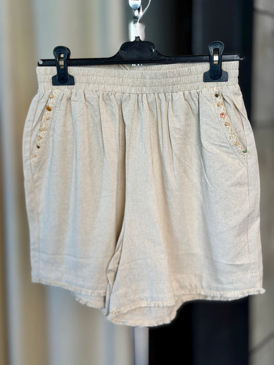 Shorts in lino beige con perline sulle tasche in taglia unica 2403