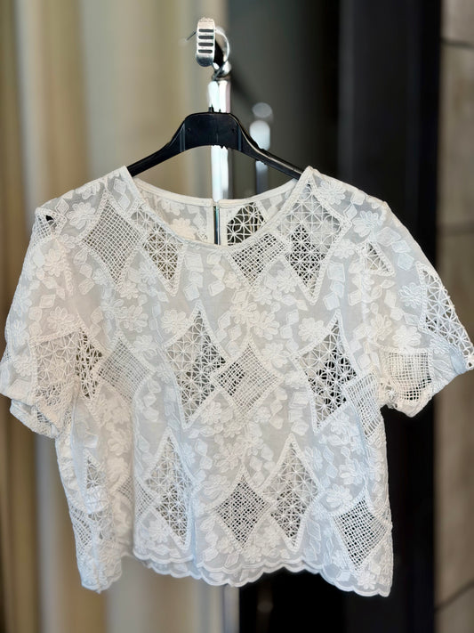 T-shirt in pizzo lavorata a rombi bianca in taglia unica 2397
