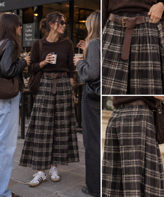 Gonna pantalone scozzese marrone con cintura in taglia unica