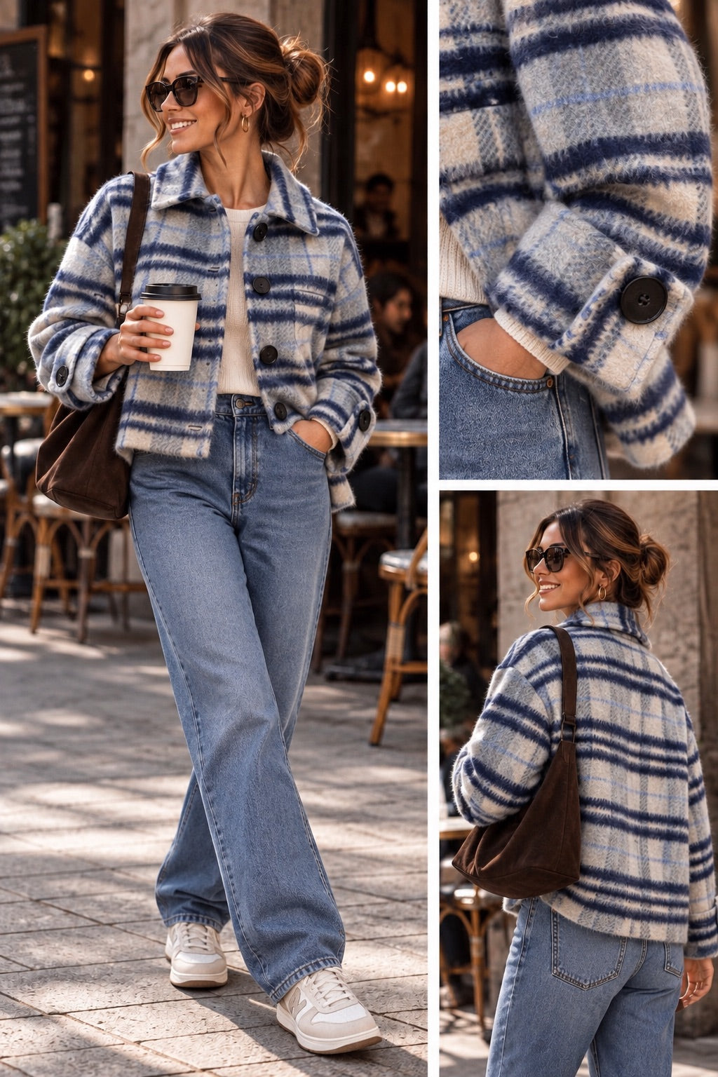 Cappottino check blu e grigio a camicia