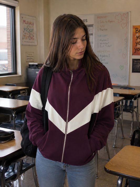 Felpa con zip e cappuccio oversize bordeaux e panna  in taglia unica