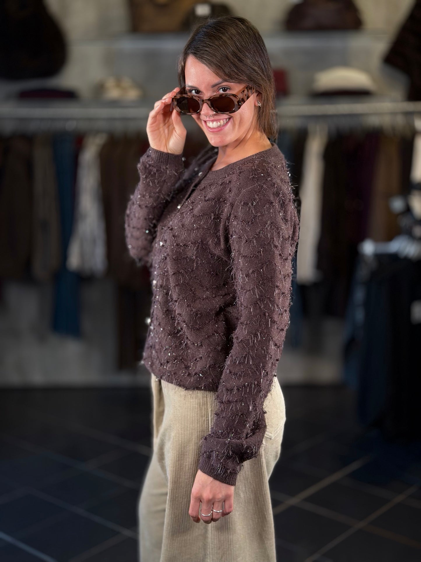 Cardigan marrone con filo lurex in taglia unica 2417