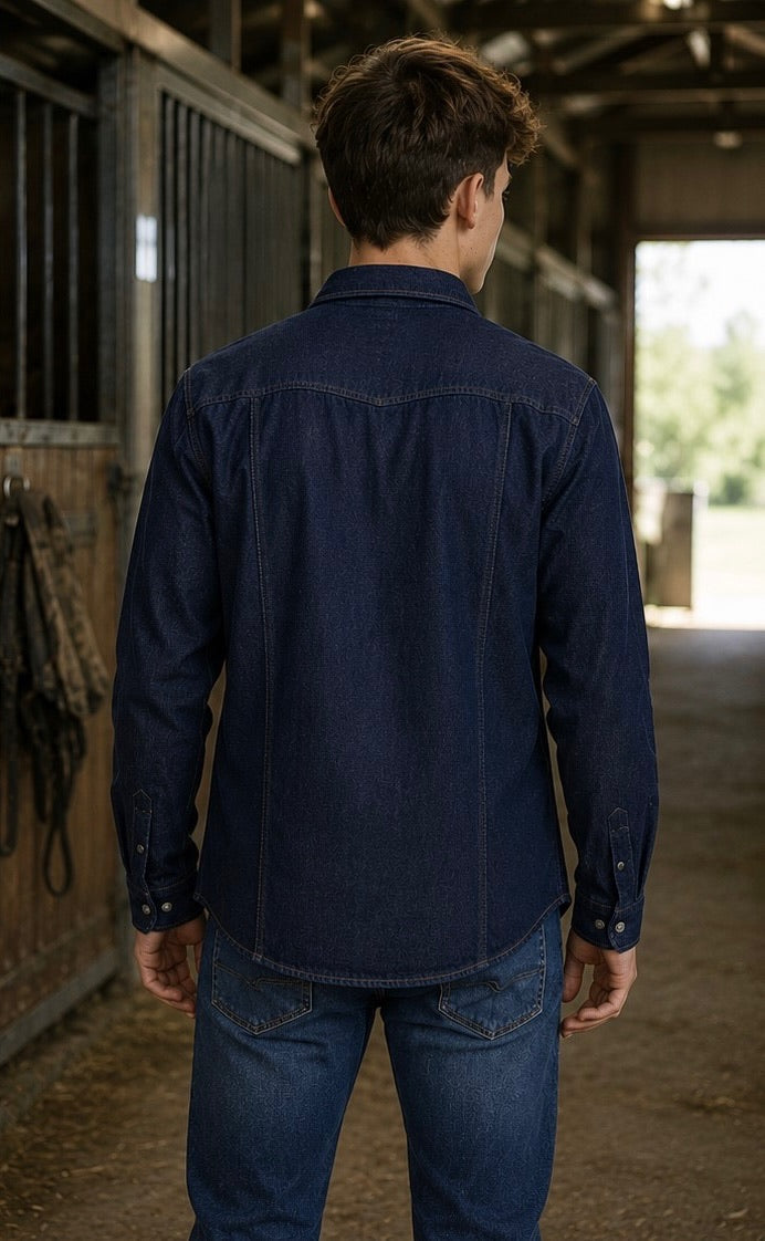 Camicia in jeans blu scuro con bottoni automatici