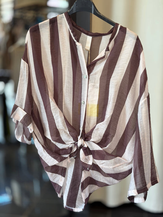Camicia coreana in mussola di cotone a righe marrone in taglia unica 2853A