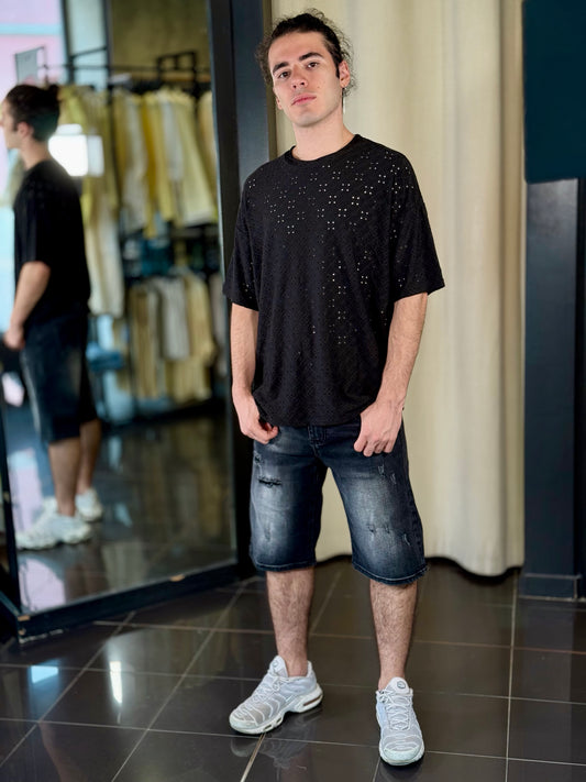 Bermuda in jeans nero con strappi baggy 632