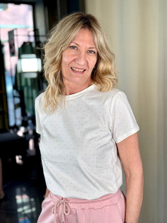T-shirt bianca con brillantini in taglia unica 065