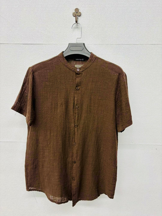 Camicia a maniche corte marrone collo alla coreana 2773