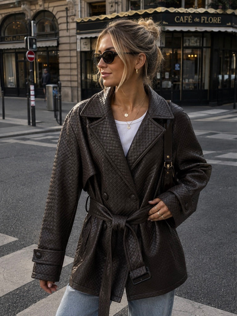 Trench in similpelle marrone intrecciato con cintura in taglia unica