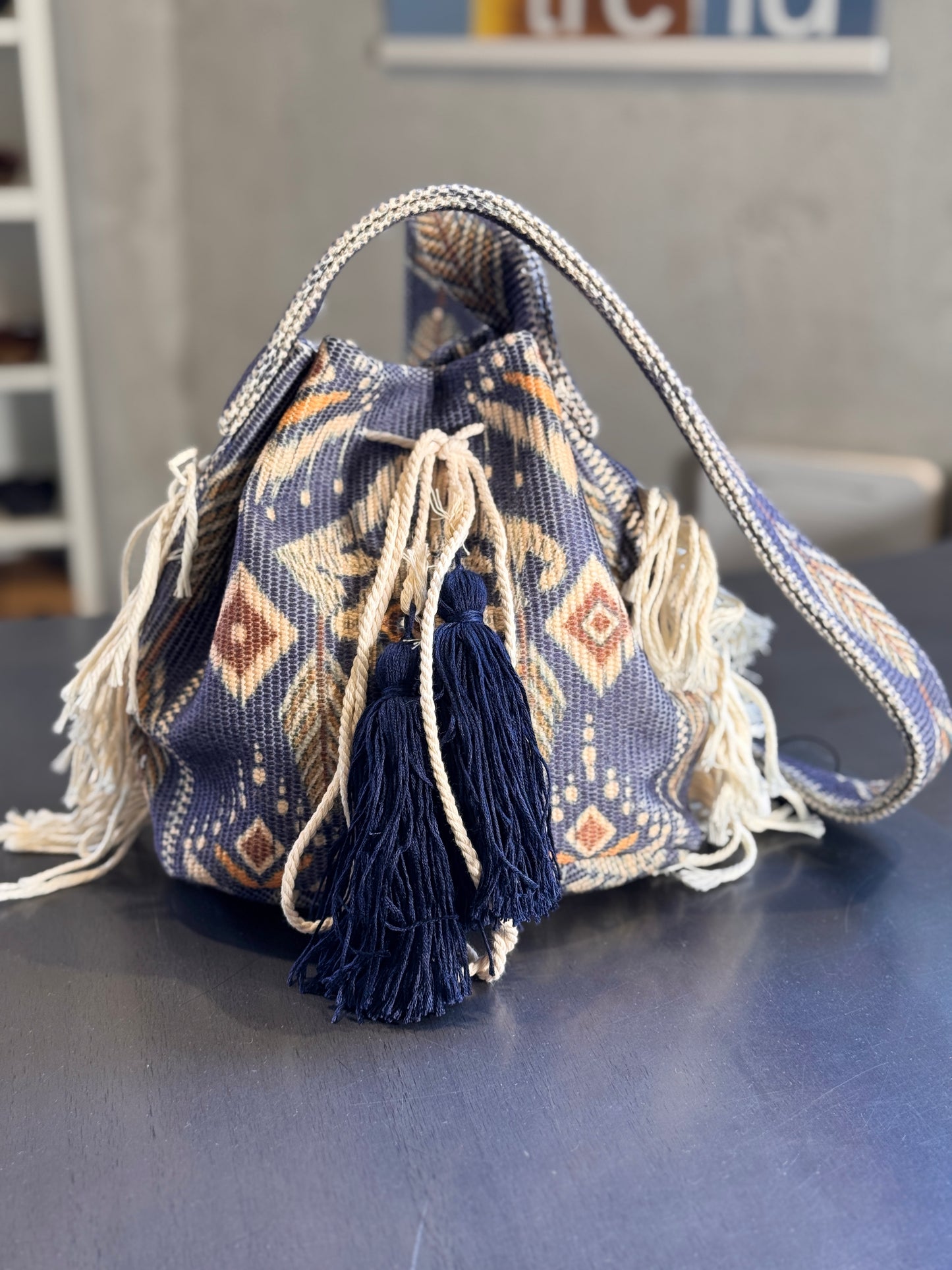 Secchiello in tessuto color denim in fantasia etnica 2579