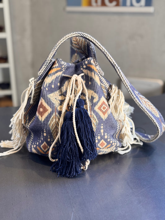 Secchiello in tessuto color denim in fantasia etnica 2579