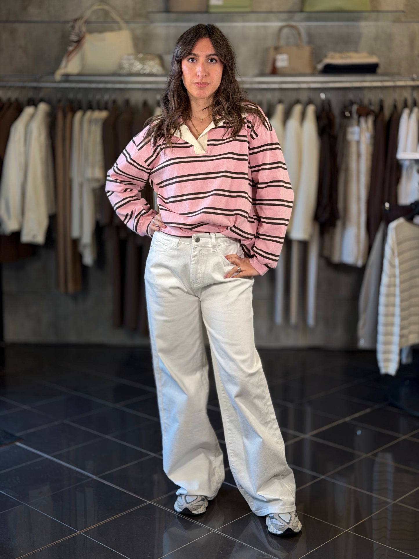 Polo a maniche lunghe rosa con riga marrone in taglia unica 2245