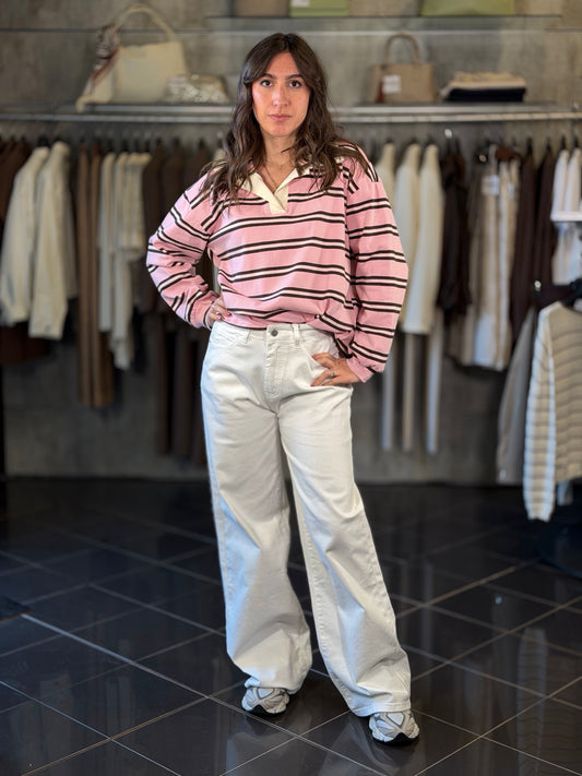 Polo a maniche lunghe rosa con riga marrone in taglia unica 2245