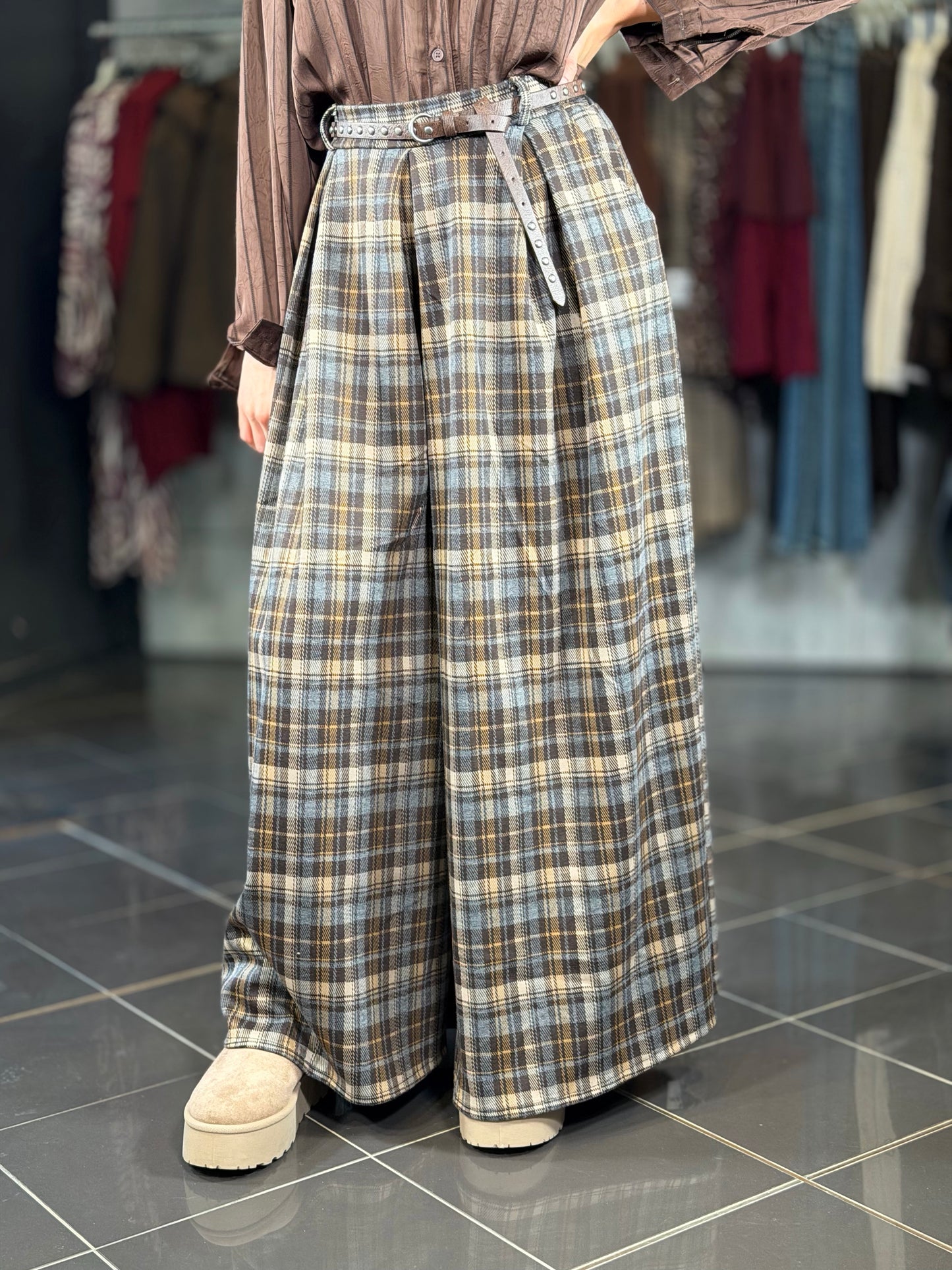 Gonna pantalone scozzese marrone in taglia unica 2434