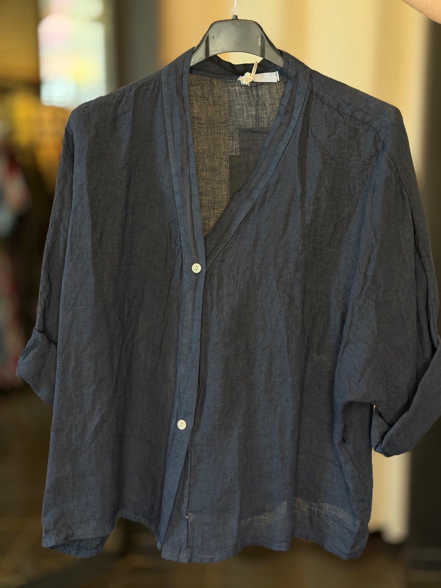 Camicia blu in lino con scollo a V in taglia unica 2845