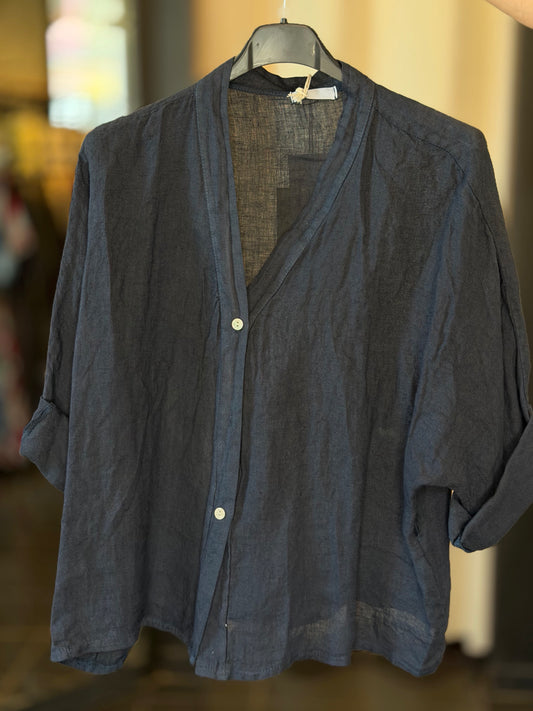 Camicia blu in lino con scollo a V in taglia unica 2845