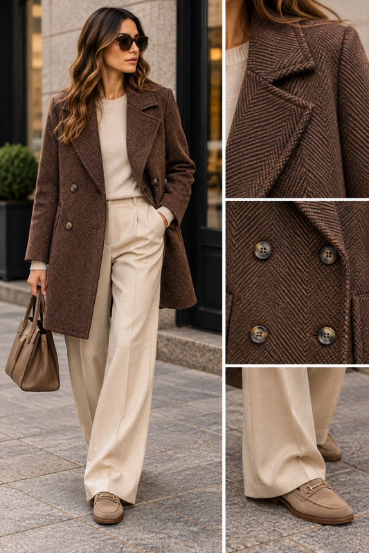 Cappotto tre quarti oversize marrone spigato in taglia unica