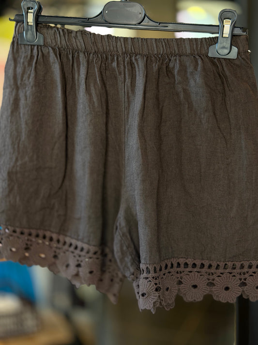 Shorts marrone in lino con ricamo in taglia unica 2858