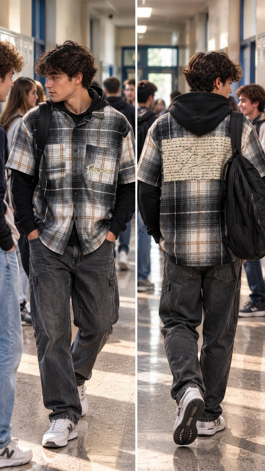 Camicia check con cappuccio nero