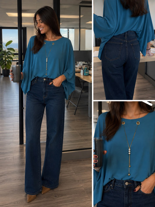 Blusa pavone oversize con collana in taglia unica