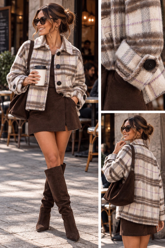 Cappottino check beige e marrone a camicia