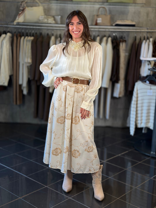 Gonna midi avorio con ricamo fiore beige in taglia unica 2030