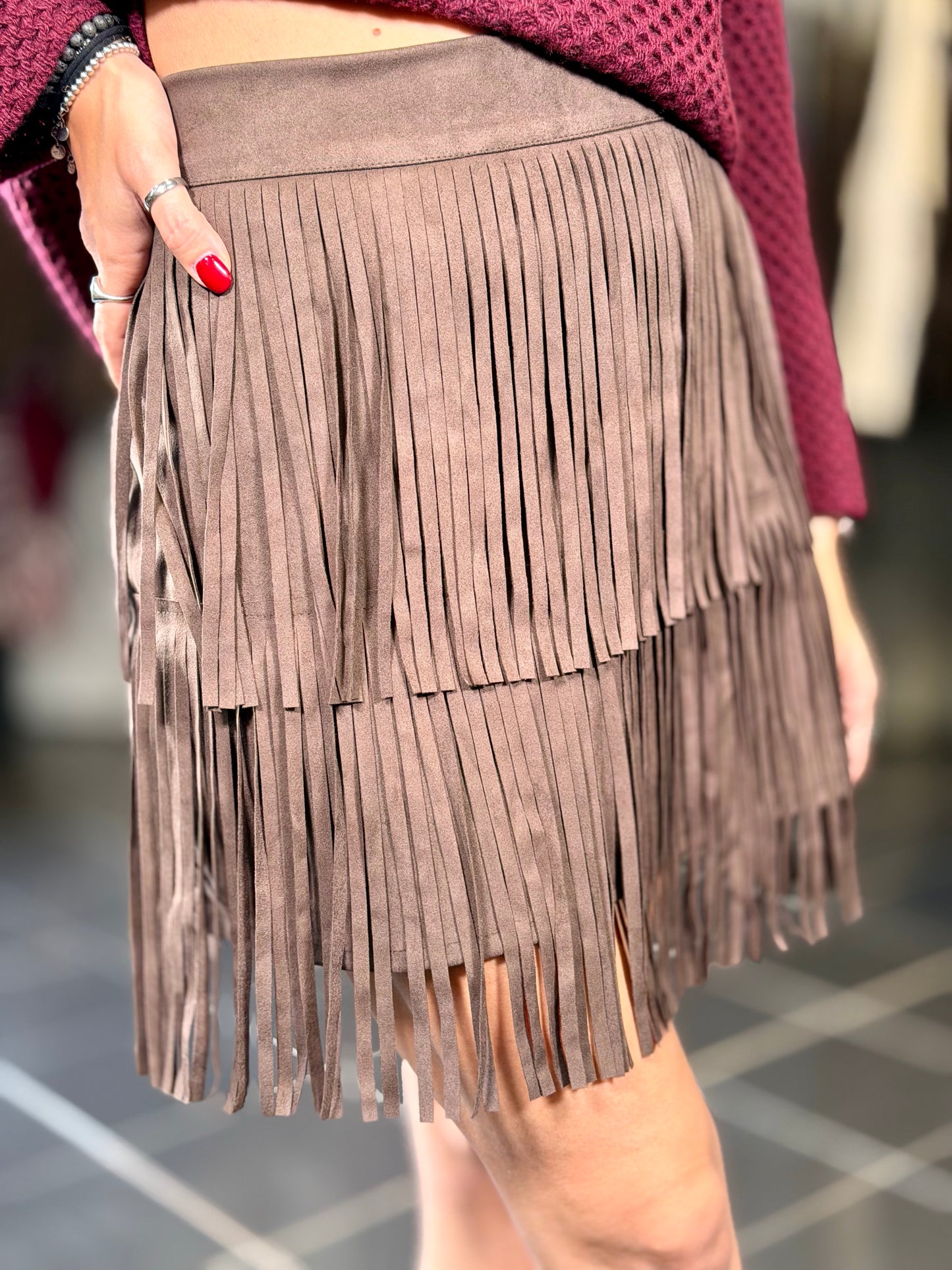 Gonna marrone con frange effetto suede in taglia unica 2188