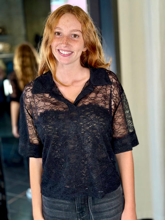 Polo oversize a maniche corte in pizzo nero 2034