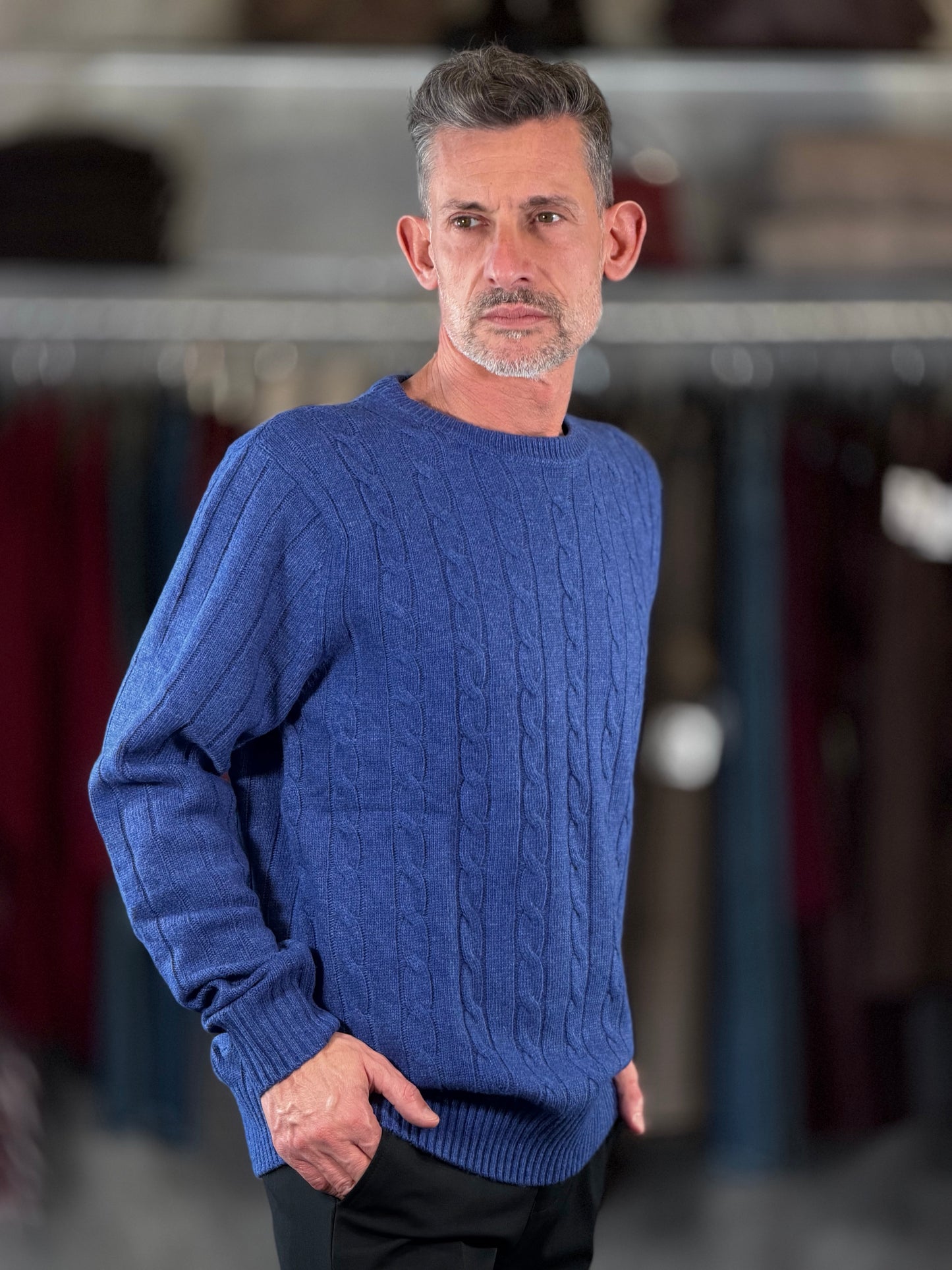 Maglione girocollo bluette con trecce 2604