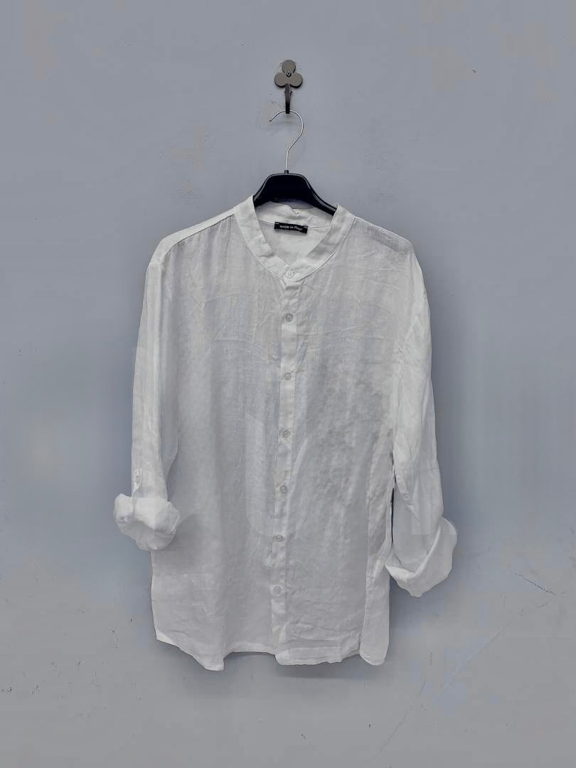 Camicia in lino bianca con collo alla coreana 2453