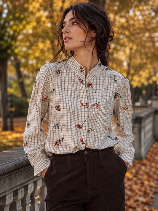 Camicia sabbia a quadretti con ricamo fiori collo alla coreana in taglia unica