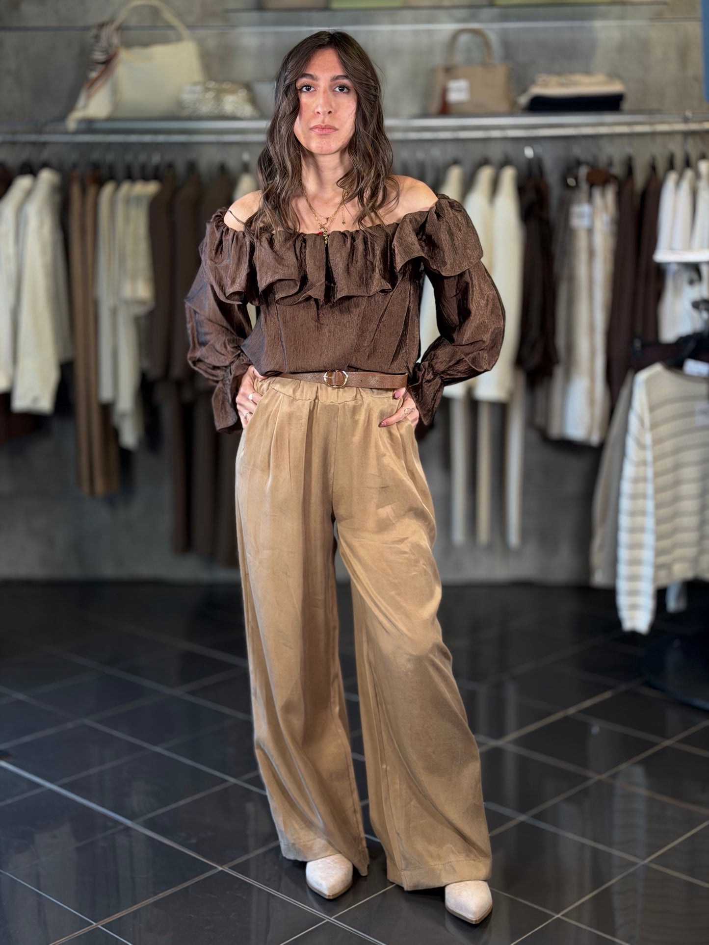 Pantalone beige a palazzo con cintura in taglia unica 2162