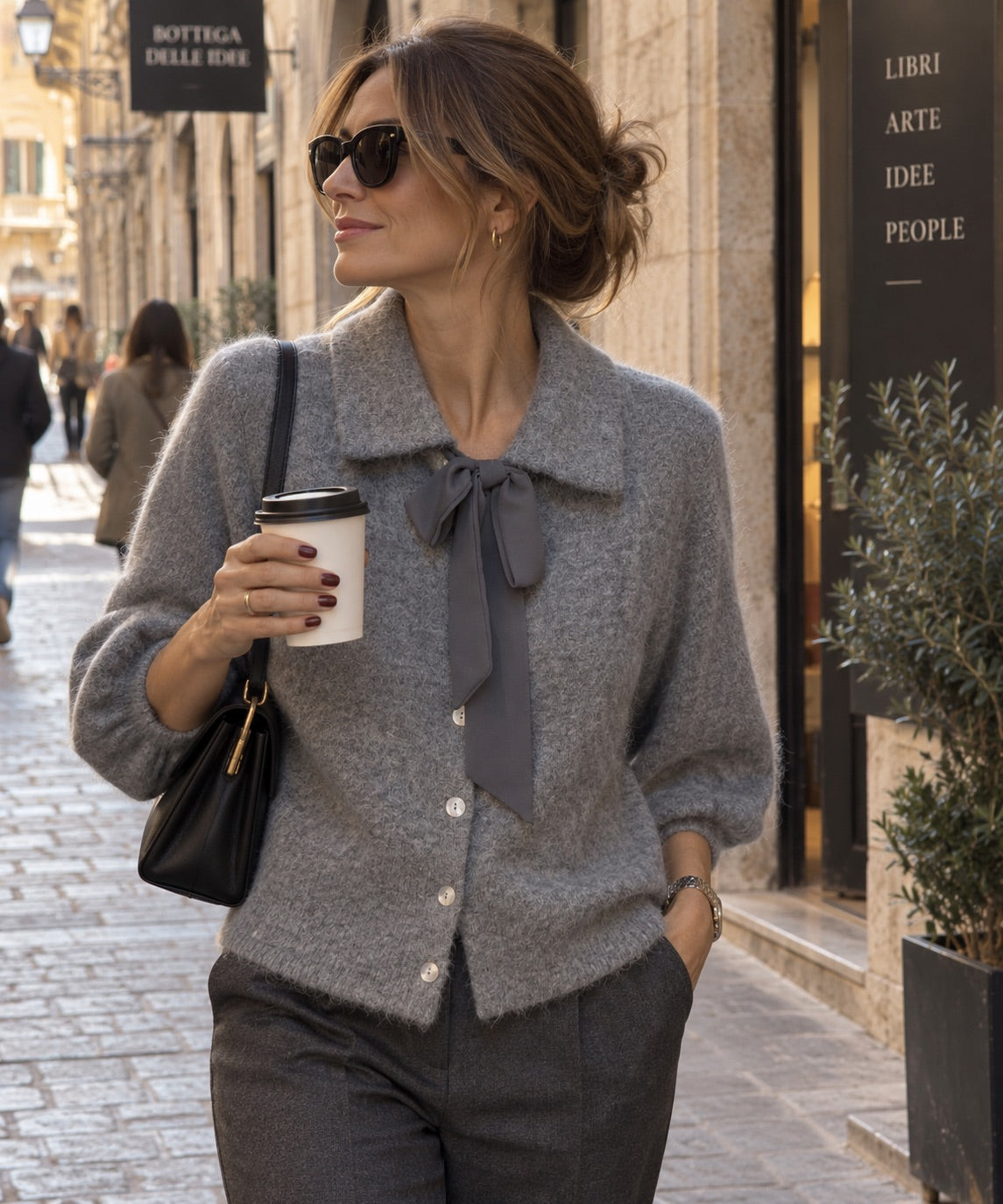Cardigan grigio effetto peluche con fiocco in taglia unica
