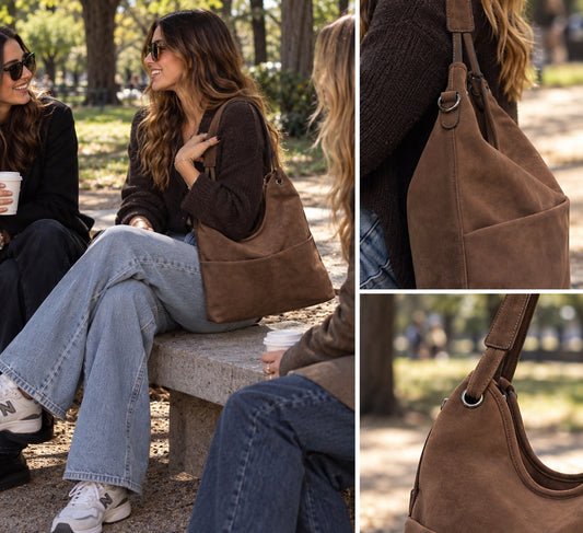 Borsa a spalla marrone con tasche davanti e tracolla all’interno