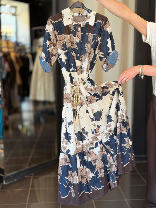 Abito chemisier lungo in fantasia fiori blu e beige in taglia unica 2869