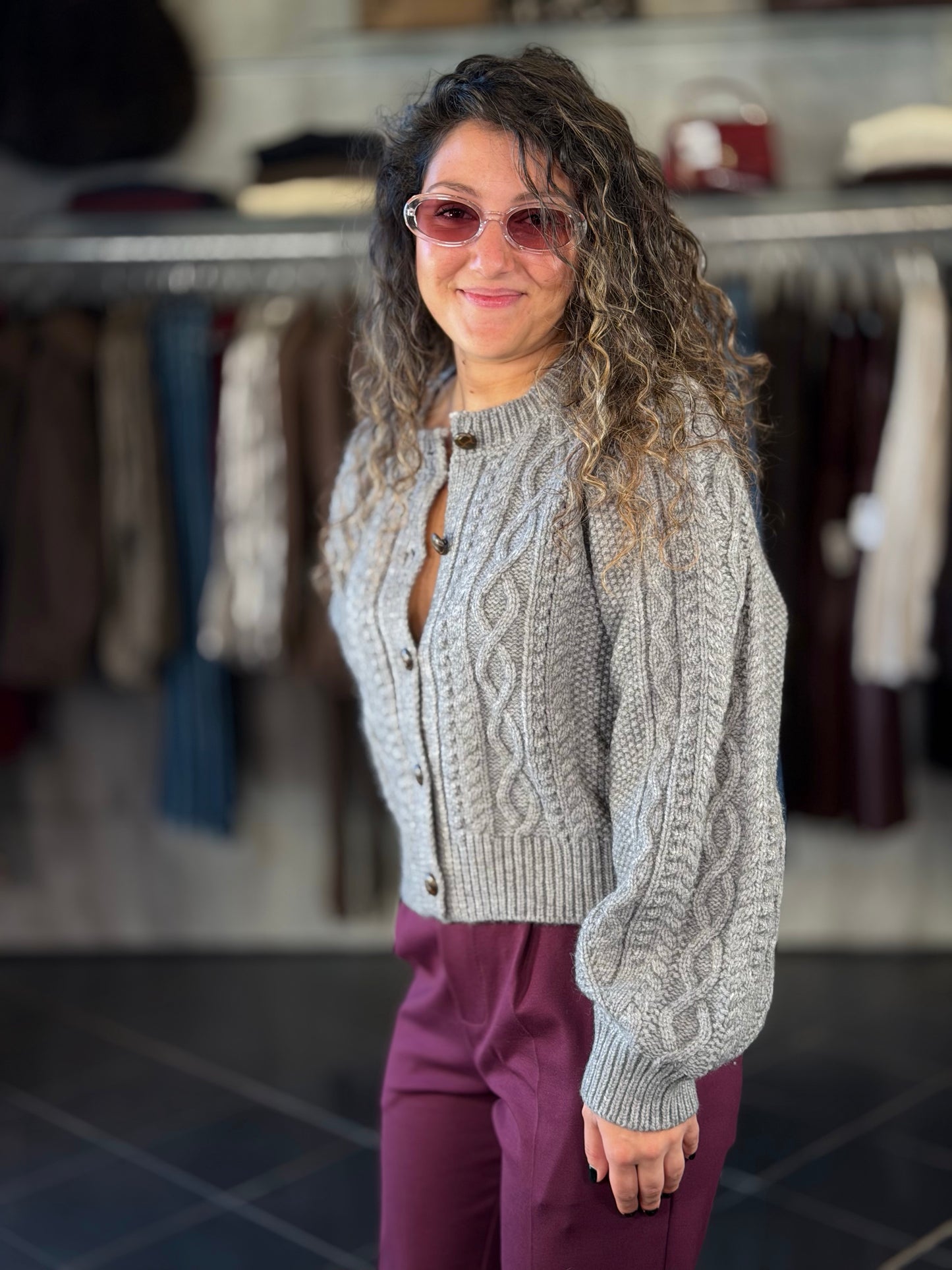 Cardigan crop con maniche a sbuffo grigio in taglia unica 2457