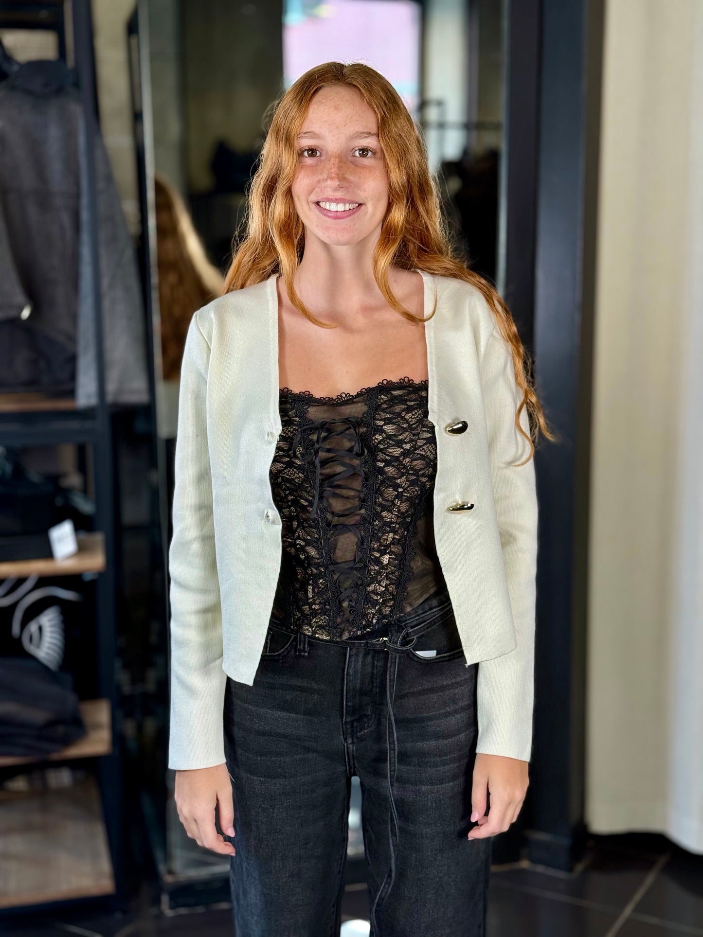 Cardigan panna con bottone a goccia oro in taglia unica 2016