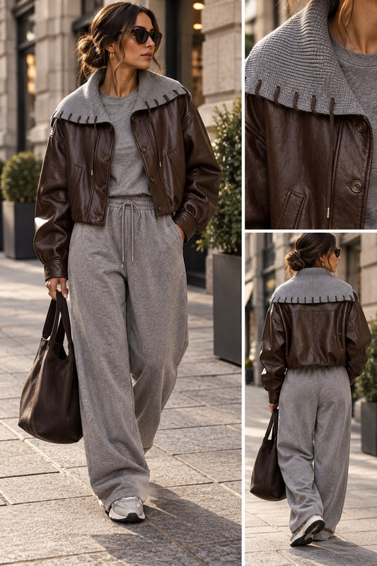 Giubbino a bomber in similpelle marrone con inserti in maglia grigi