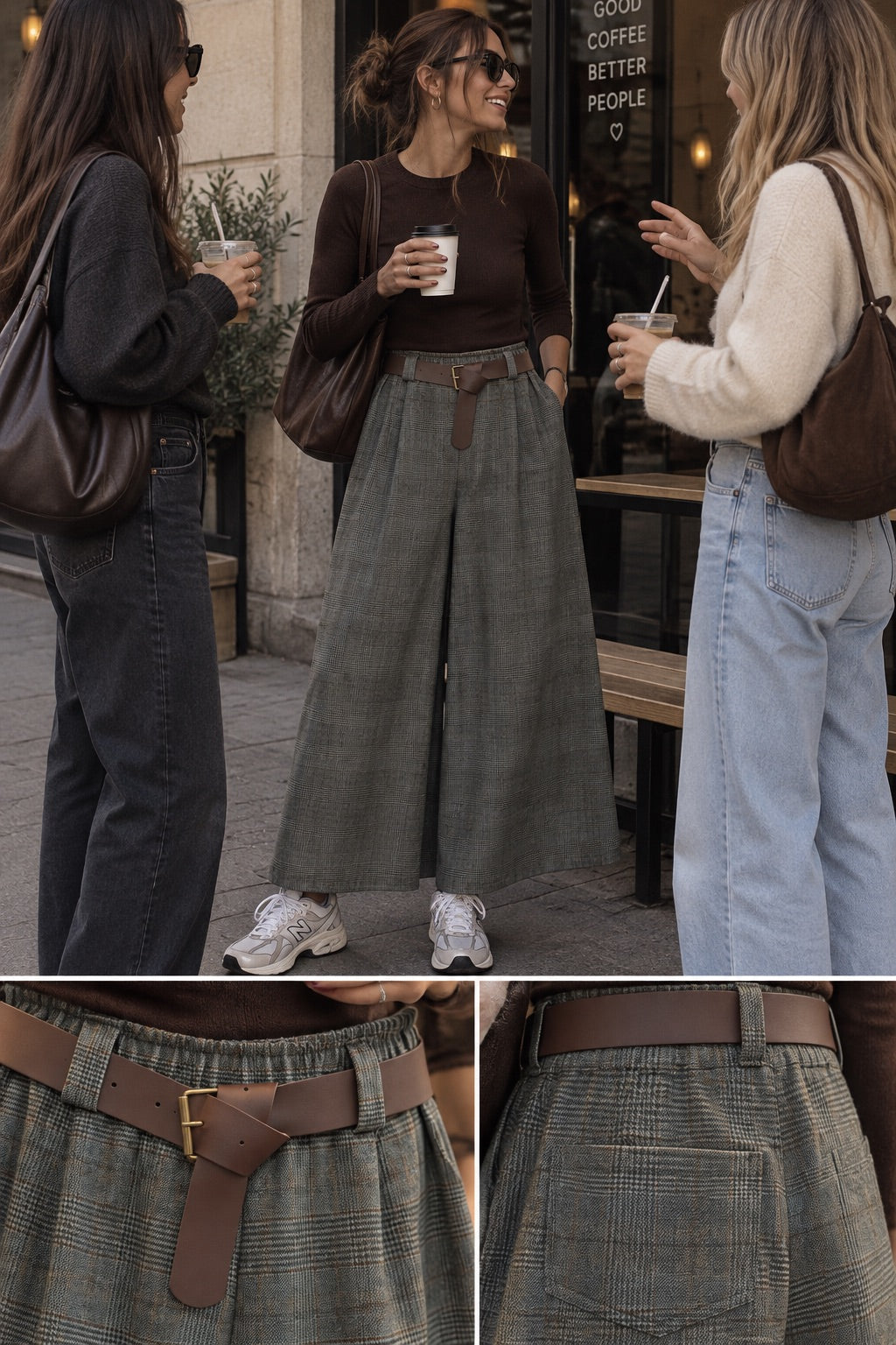 Gonna pantalone scozzese grigio con cintura in taglia unica