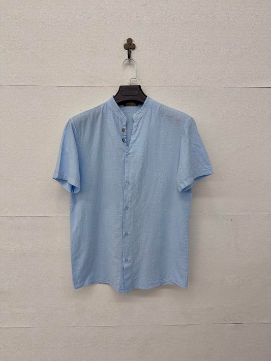 Camicia a maniche corte collo alla coreana azzurra 2371