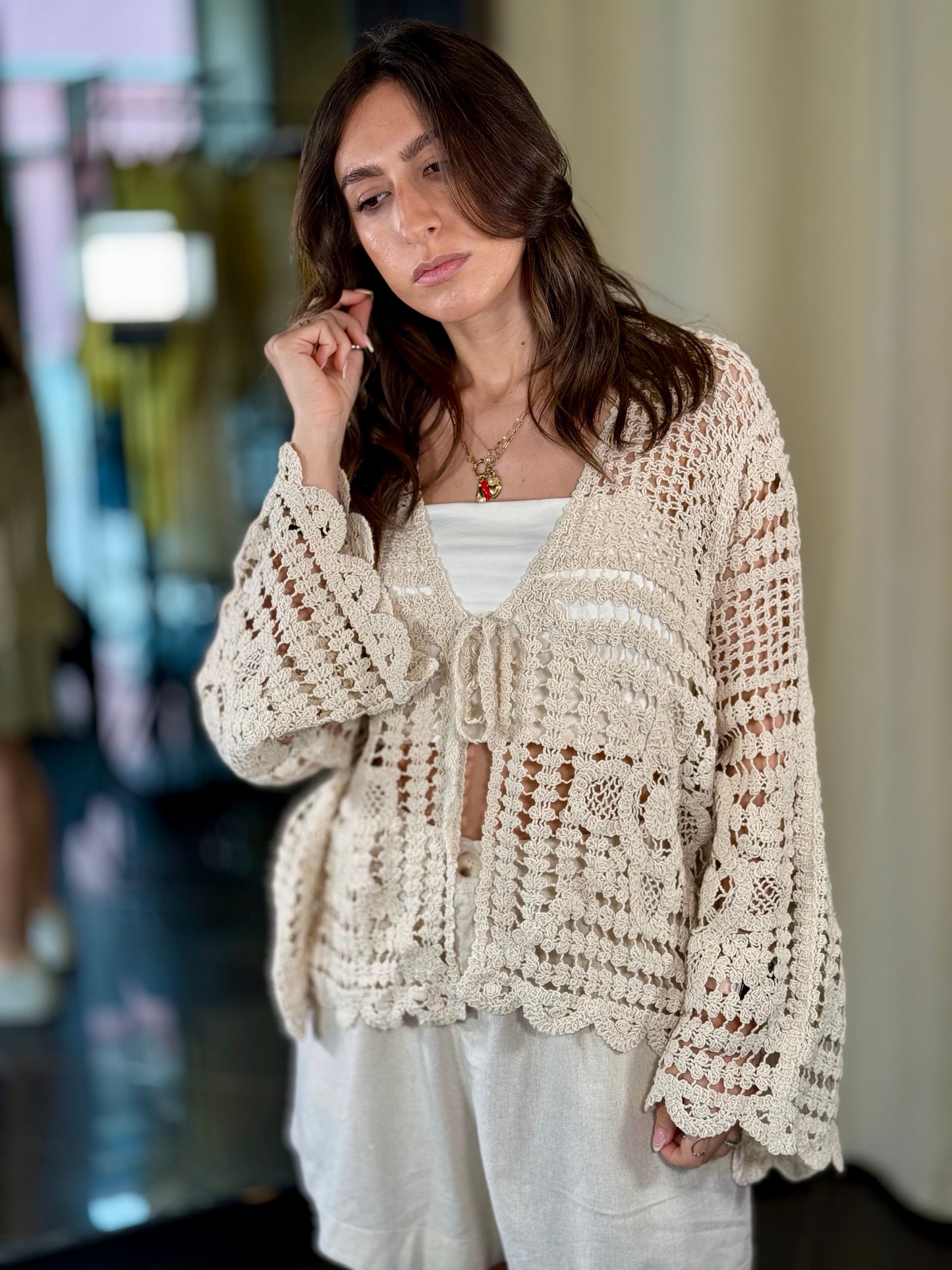 Cardigan crochet corda con laccio davanti in taglia unica 541