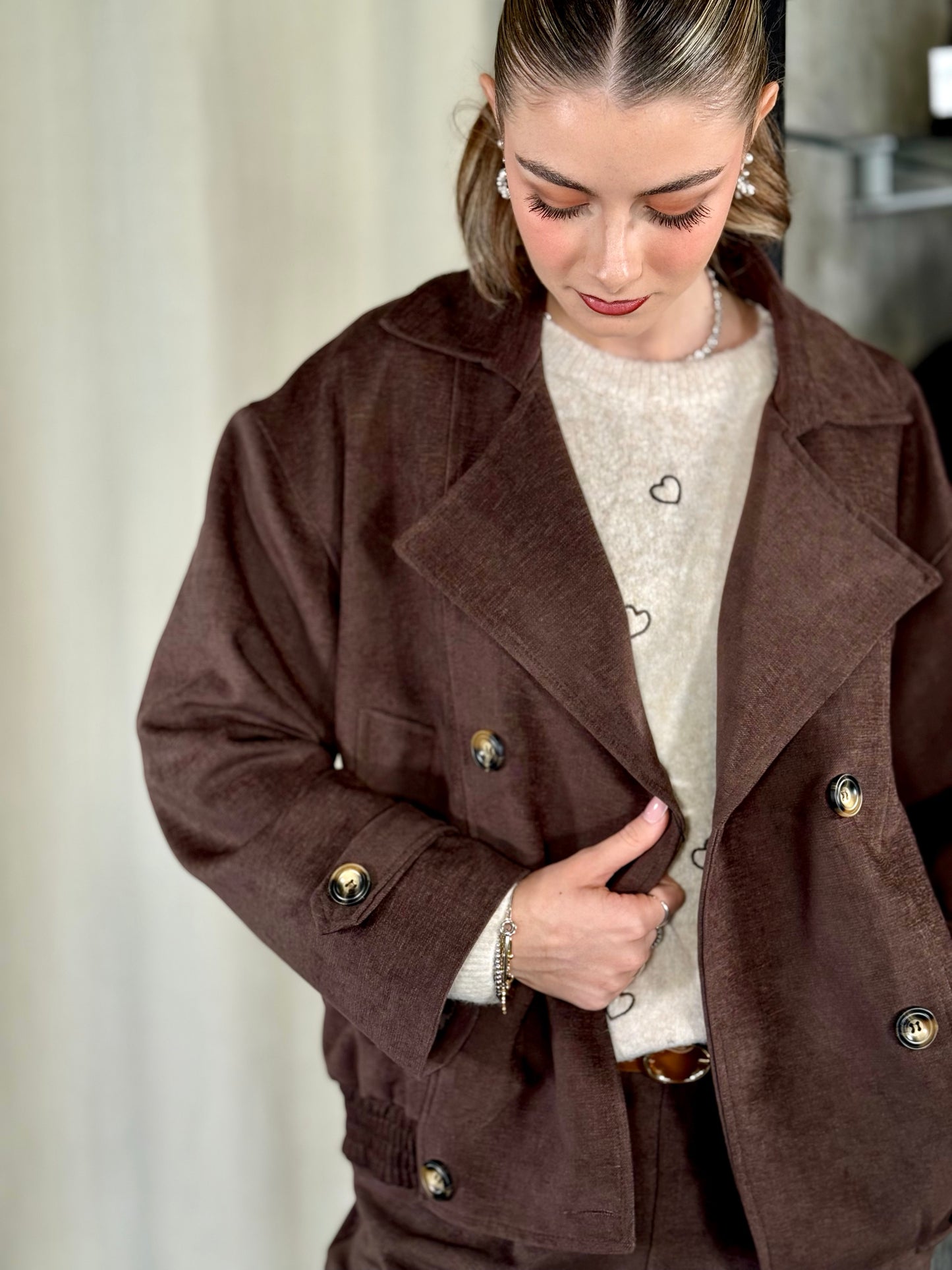 Giacca doppiopetto marrone oversize effetto suede in taglia unica 2190