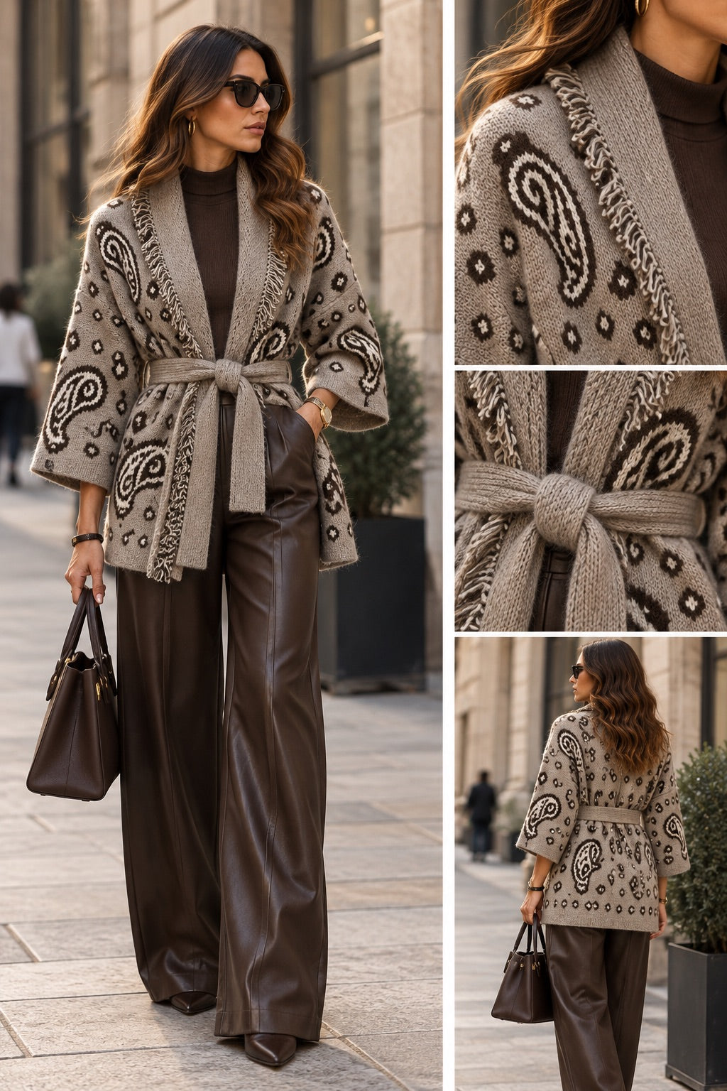 Cardigan grigio con fusciacca con fantasia marrone in taglia unica