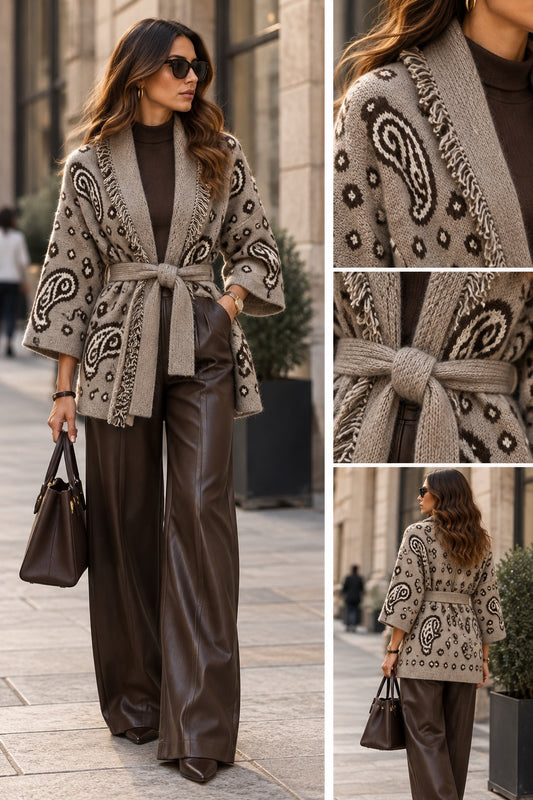 Cardigan grigio con fusciacca con fantasia marrone in taglia unica