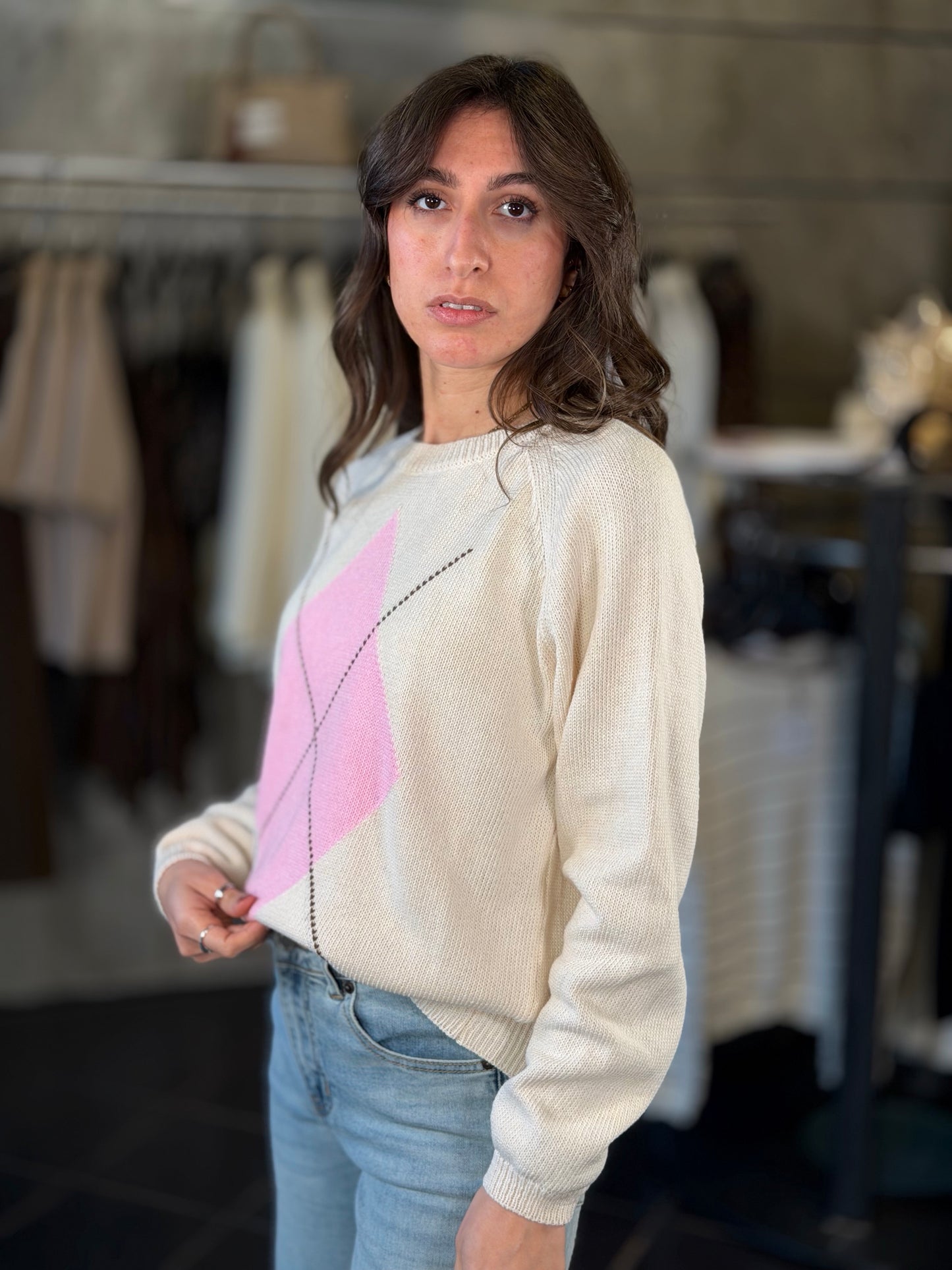 Maglioncino beige con rombo rosa in taglia unica 2250