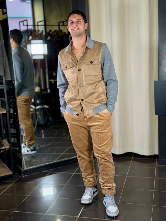 Cardigan in suede beige e maglia grigia 2298