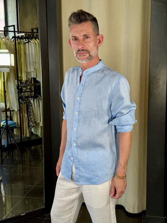 Camicia in lino coreana azzurra 750